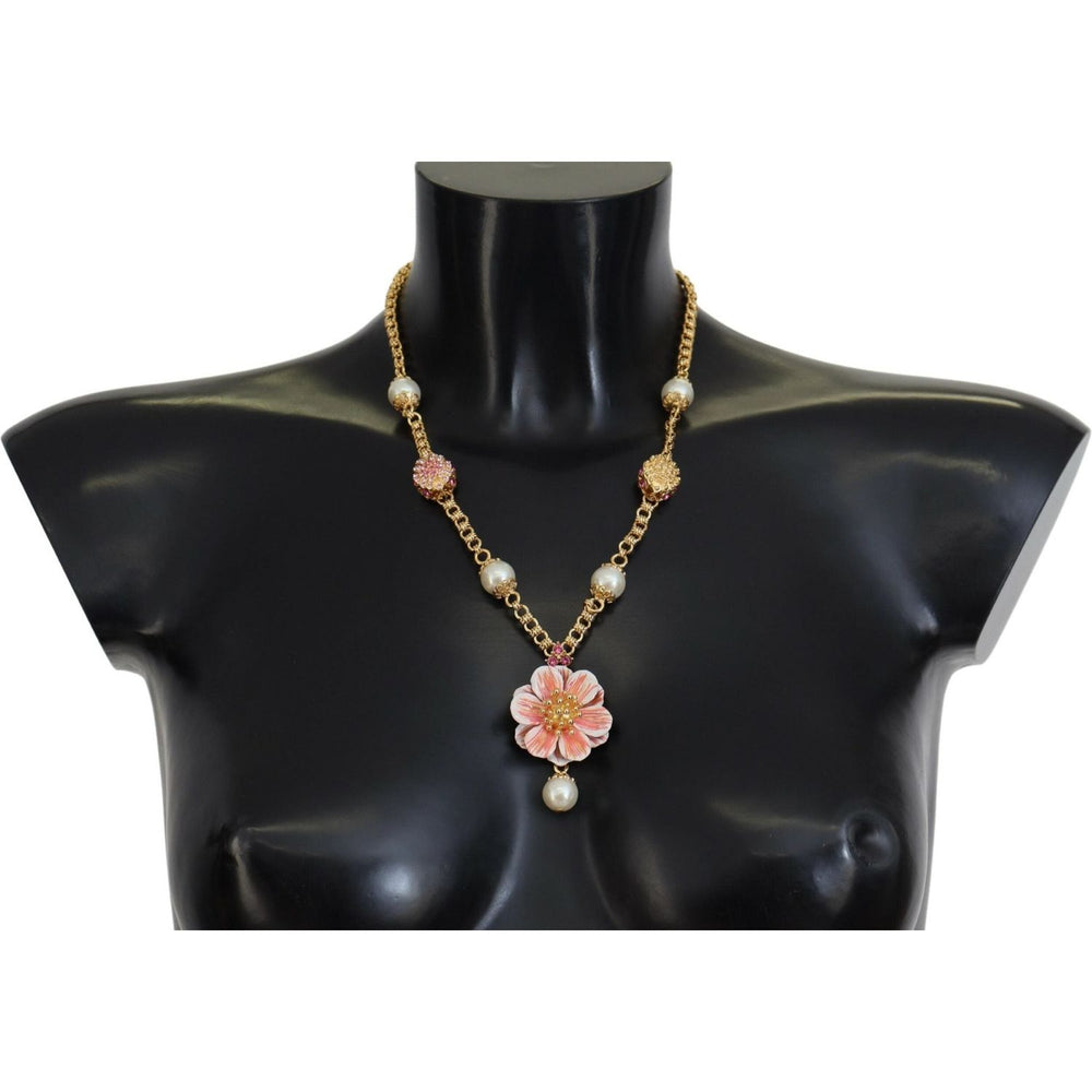 Dolce & Gabbana Gold Tone Floral Crystals Pink Embellished Necklace SMY101069