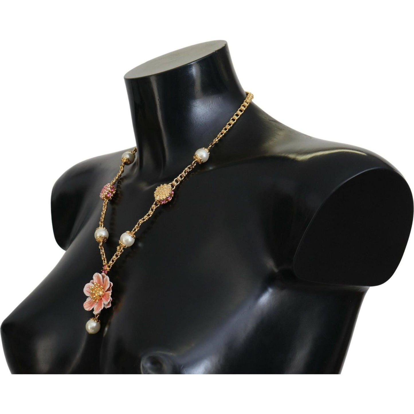 Dolce & Gabbana Gold Tone Floral Crystals Pink Embellished Necklace SMY101069