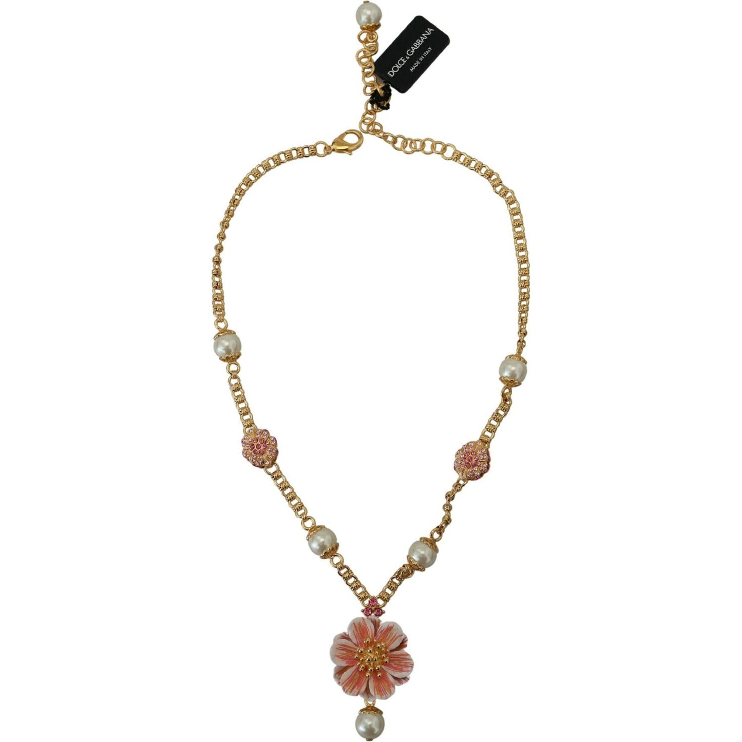 Dolce & Gabbana Gold Tone Floral Crystals Pink Embellished Necklace SMY101069