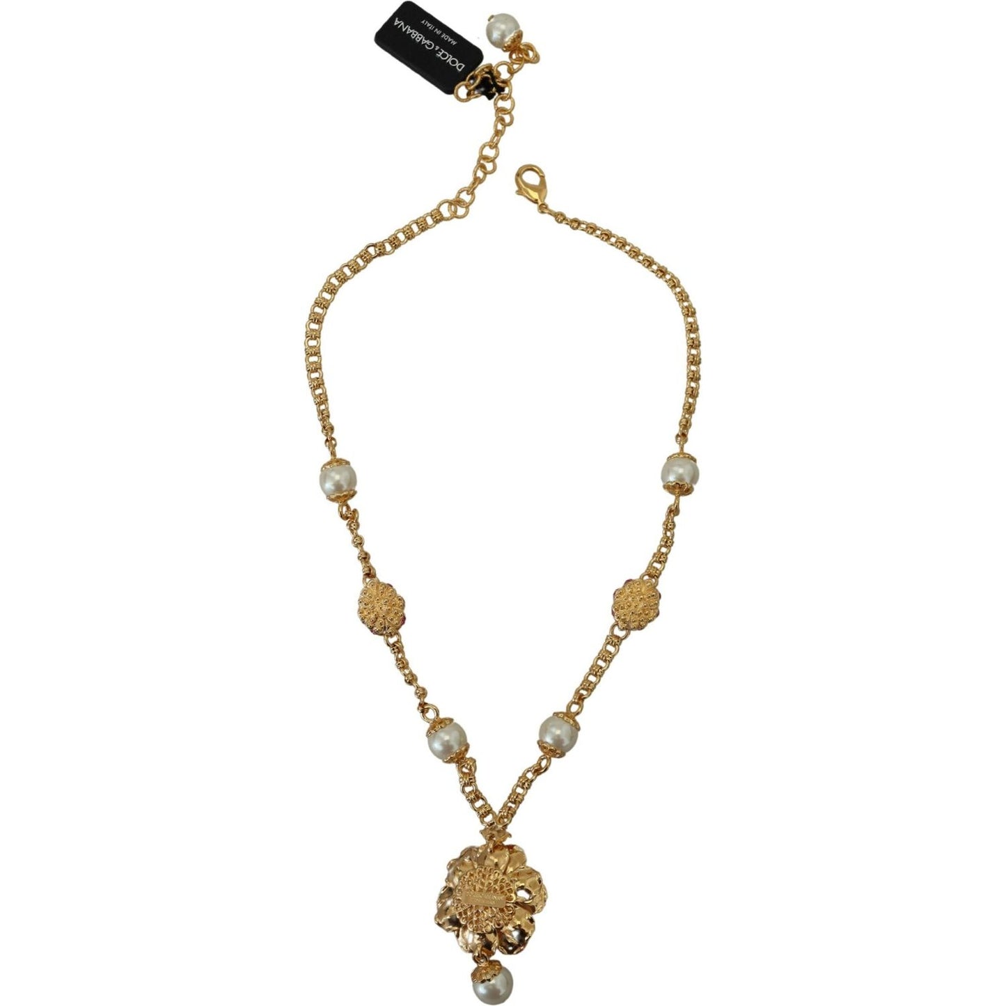 Dolce & Gabbana Gold Tone Floral Crystals Pink Embellished Necklace SMY101069