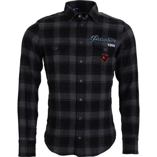 Dolce & Gabbana Black Gray Check Men Long Sleeves Shirt TSH83670-39
