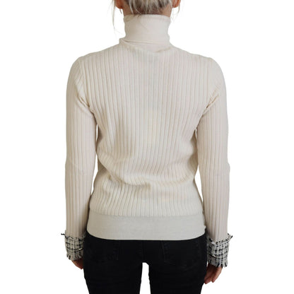 Dolce & Gabbana Ivory Turtleneck Distressed Cuff Pullover Sweater