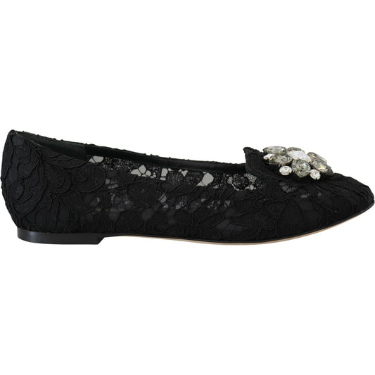 Dolce & Gabbana Black Taormina Lace Crystals Flats Shoes LA10200-35