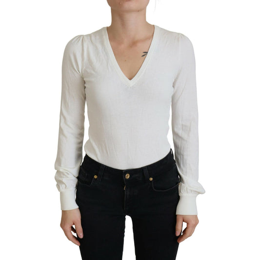 Patrizia Pepe Ivory V-Neck Long Sleeves Women Blouse Top TSH6998 -IT1