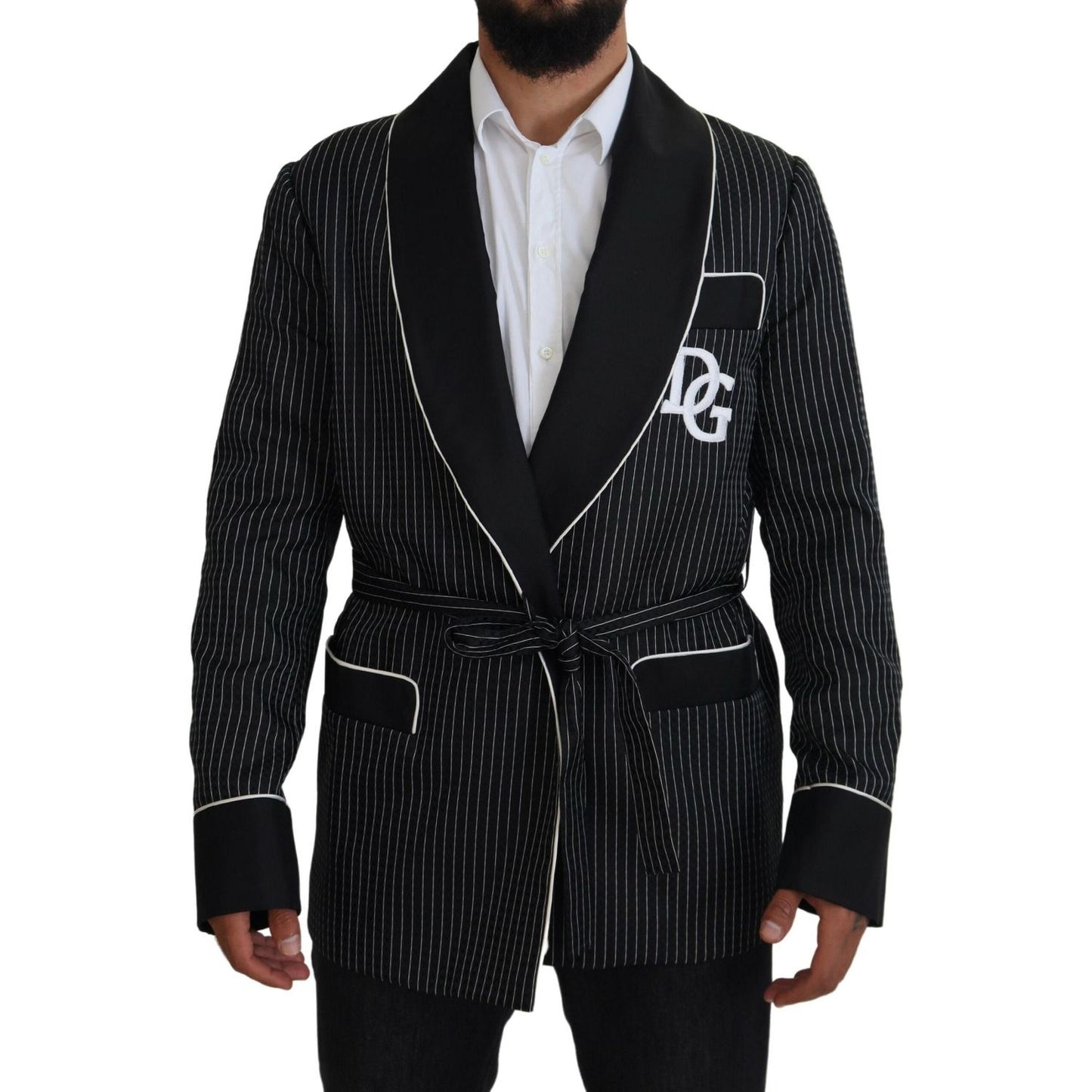 Dolce & Gabbana Black Robe Striped DG Patch Jacket Men Blazer