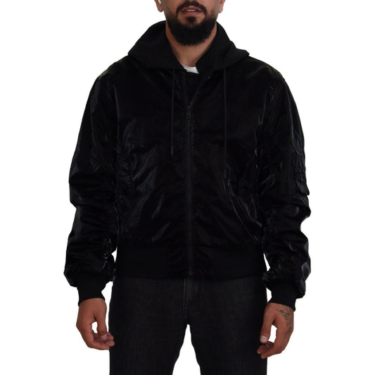 Dolce & Gabbana Black Nylon Hooded Full Zip Bomber Jacket JKT3610-48