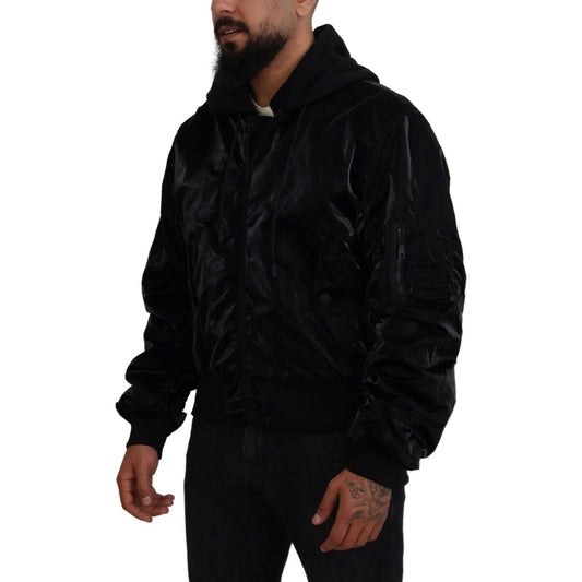 Dolce & Gabbana Black Nylon Hooded Full Zip Bomber Jacket JKT3610-48