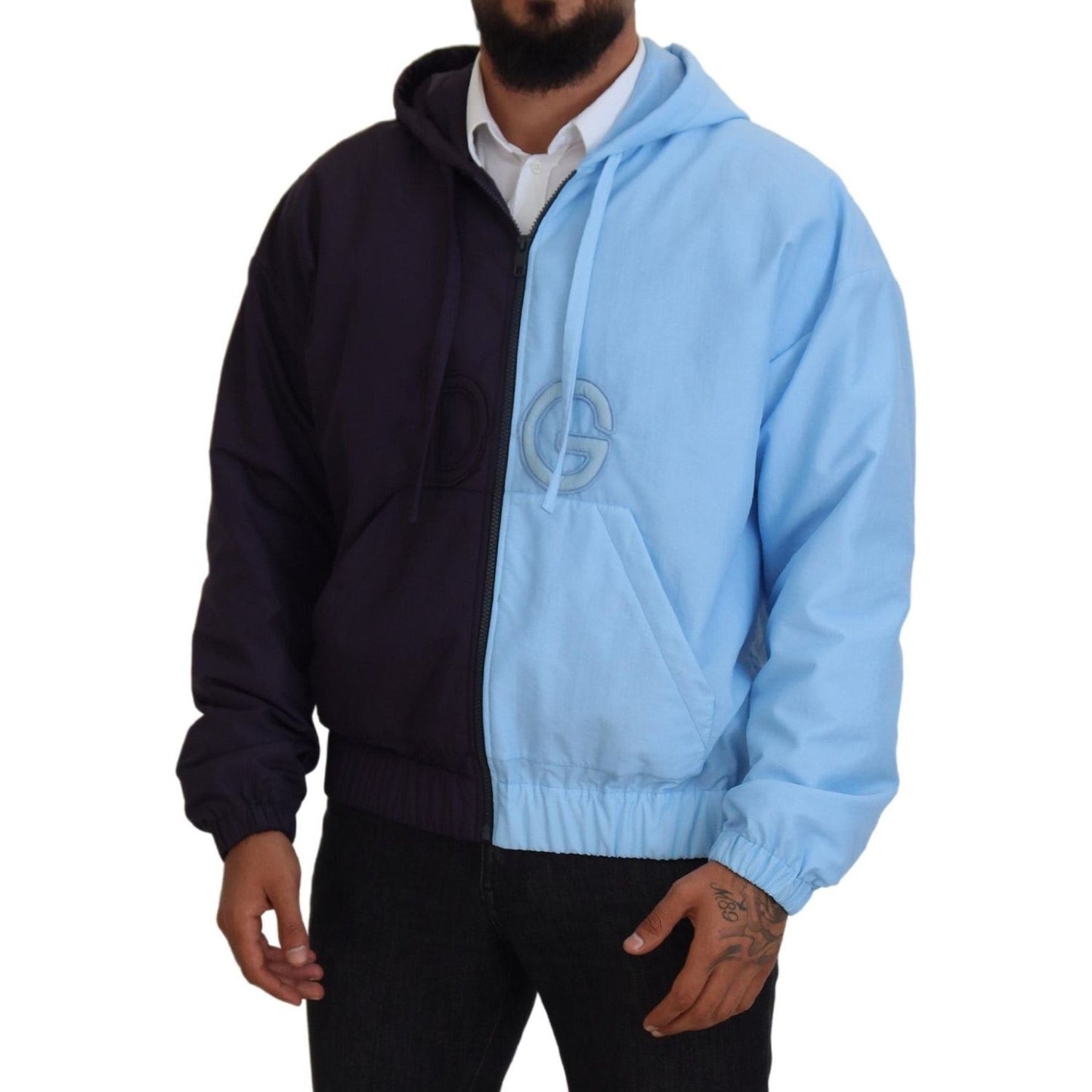 Dolce & Gabbana Black Blue DG Hooded Full Zip Men Jacket