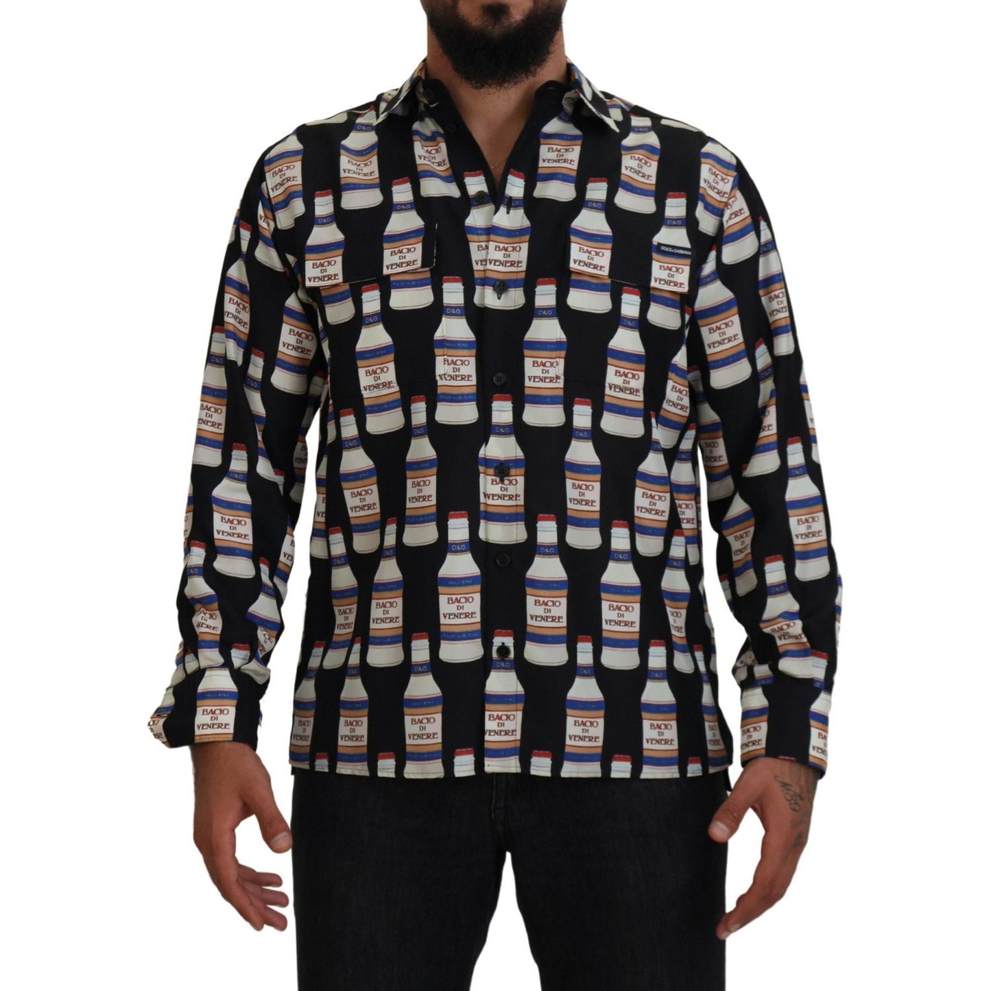 Dolce & Gabbana Black Silk Printed Collared Men Casual Shirt TSH83789-37