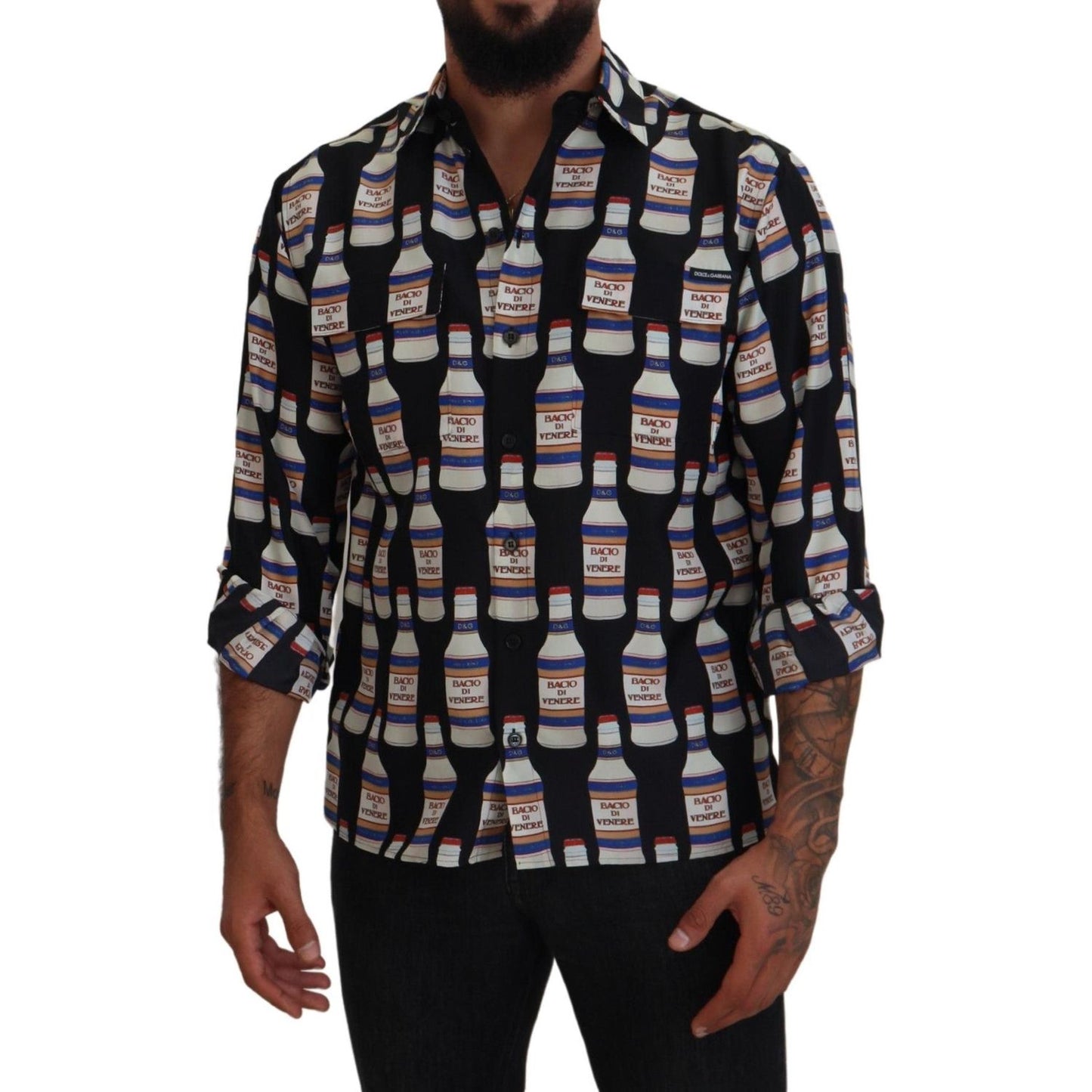 Dolce & Gabbana Black Silk Printed Collared Men Casual Shirt TSH83789-37