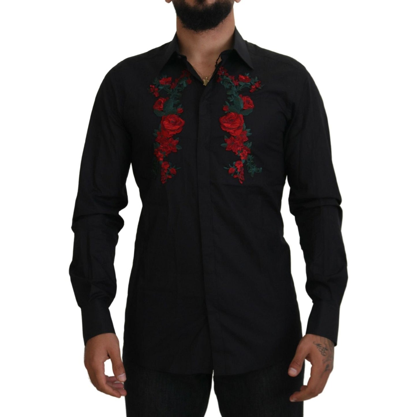 Dolce & Gabbana Black Floral Embroidery Men Long Sleeves GOLD Shirt
