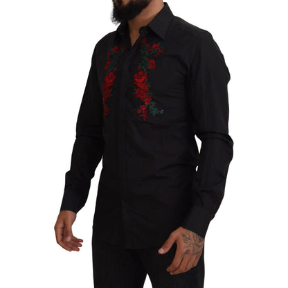 Dolce & Gabbana Black Floral Embroidery Men Long Sleeves GOLD Shirt