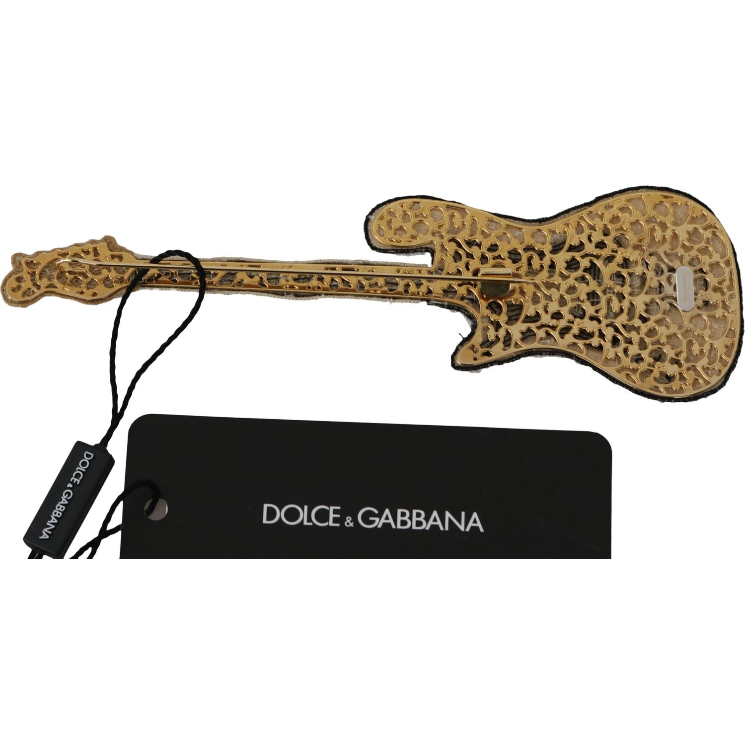 Dolce & Gabbana Gold Brass Beaded Guitar Pin Accessory Brooch