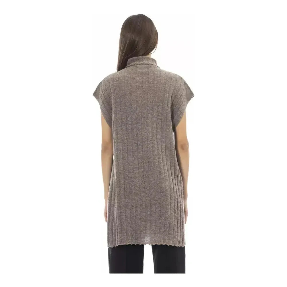 Alpha Studio Brown Wool Women Sweater with Turtleneck and Side Slits AL-23506-IT40|S