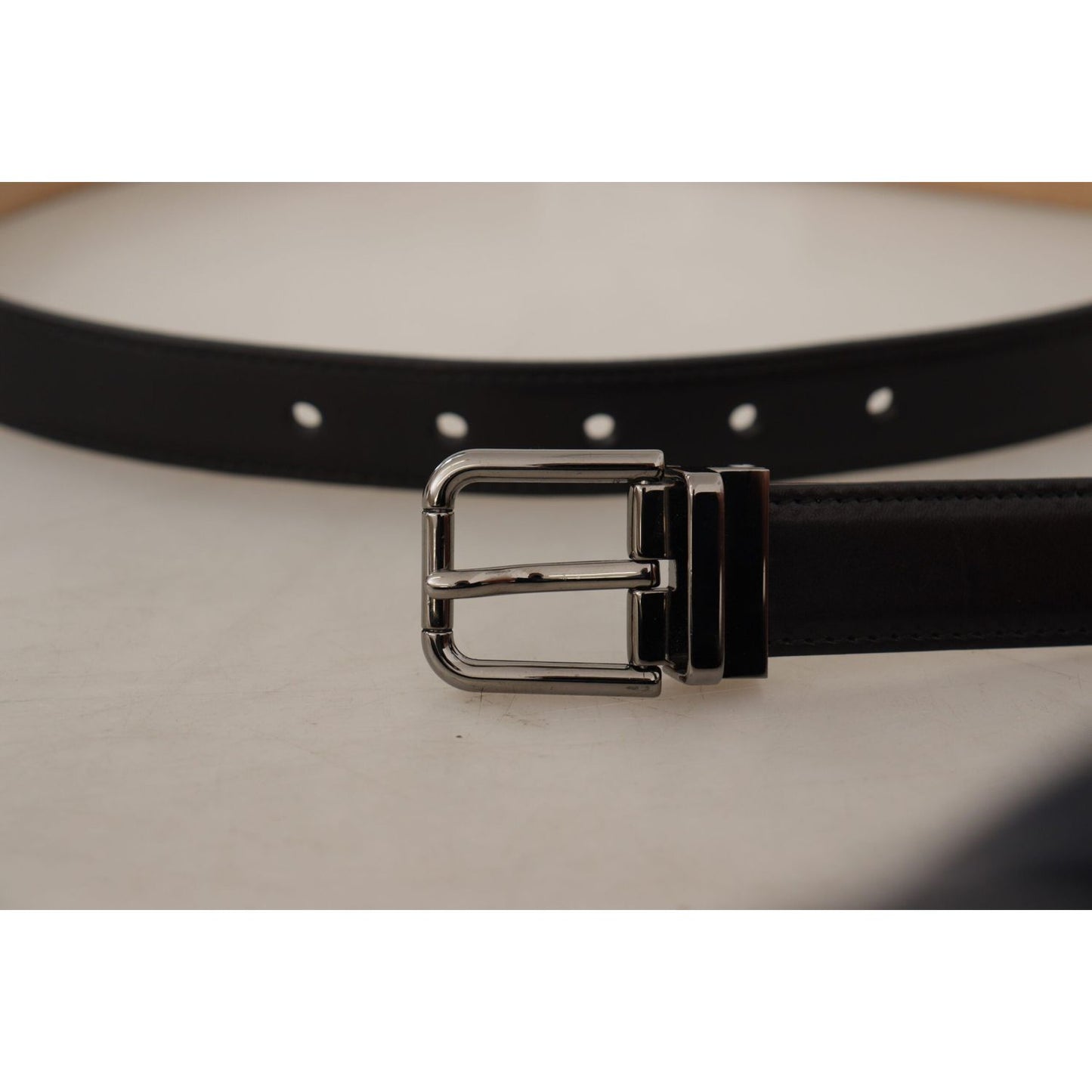 Dolce & Gabbana Black Calf Leather Logo Engraved Metal Buckle Belt