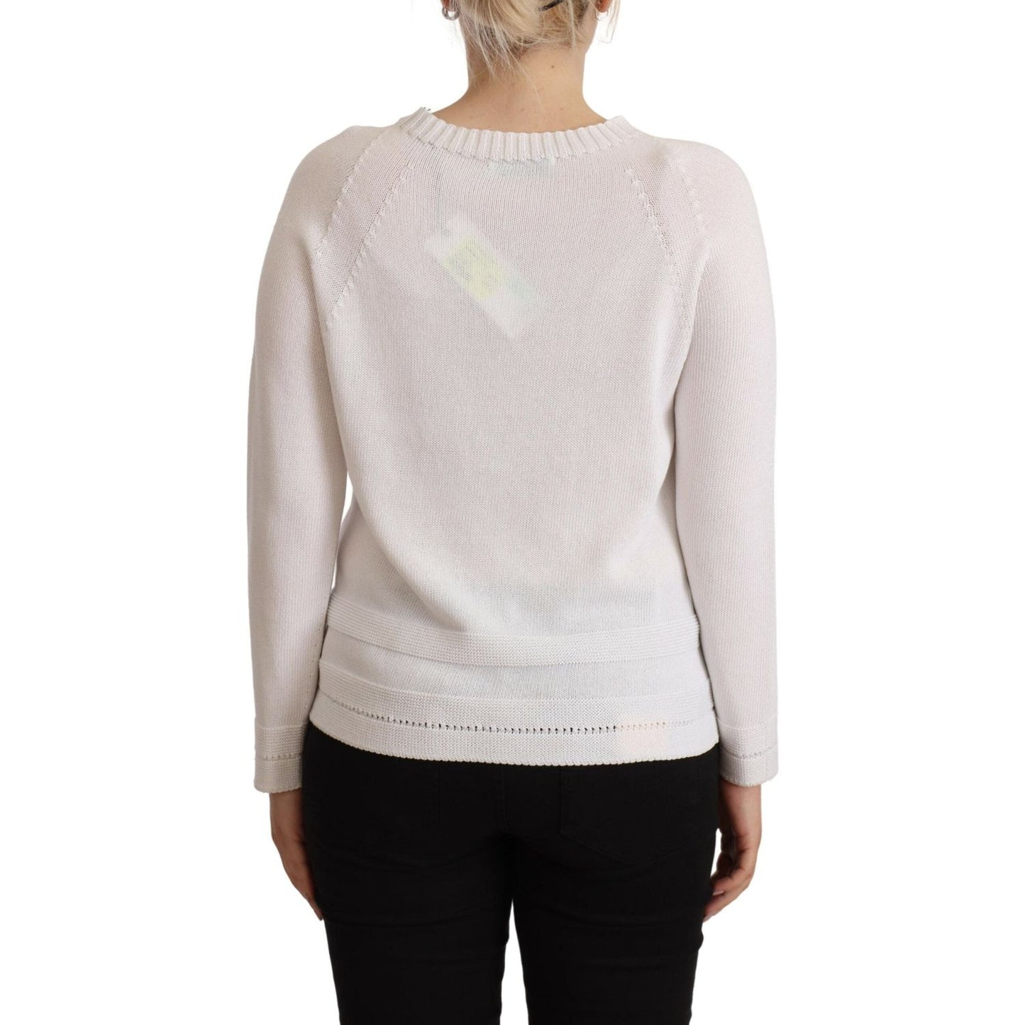 Alpha Studio White Long Sleeves Crewneck Pullover Sweater