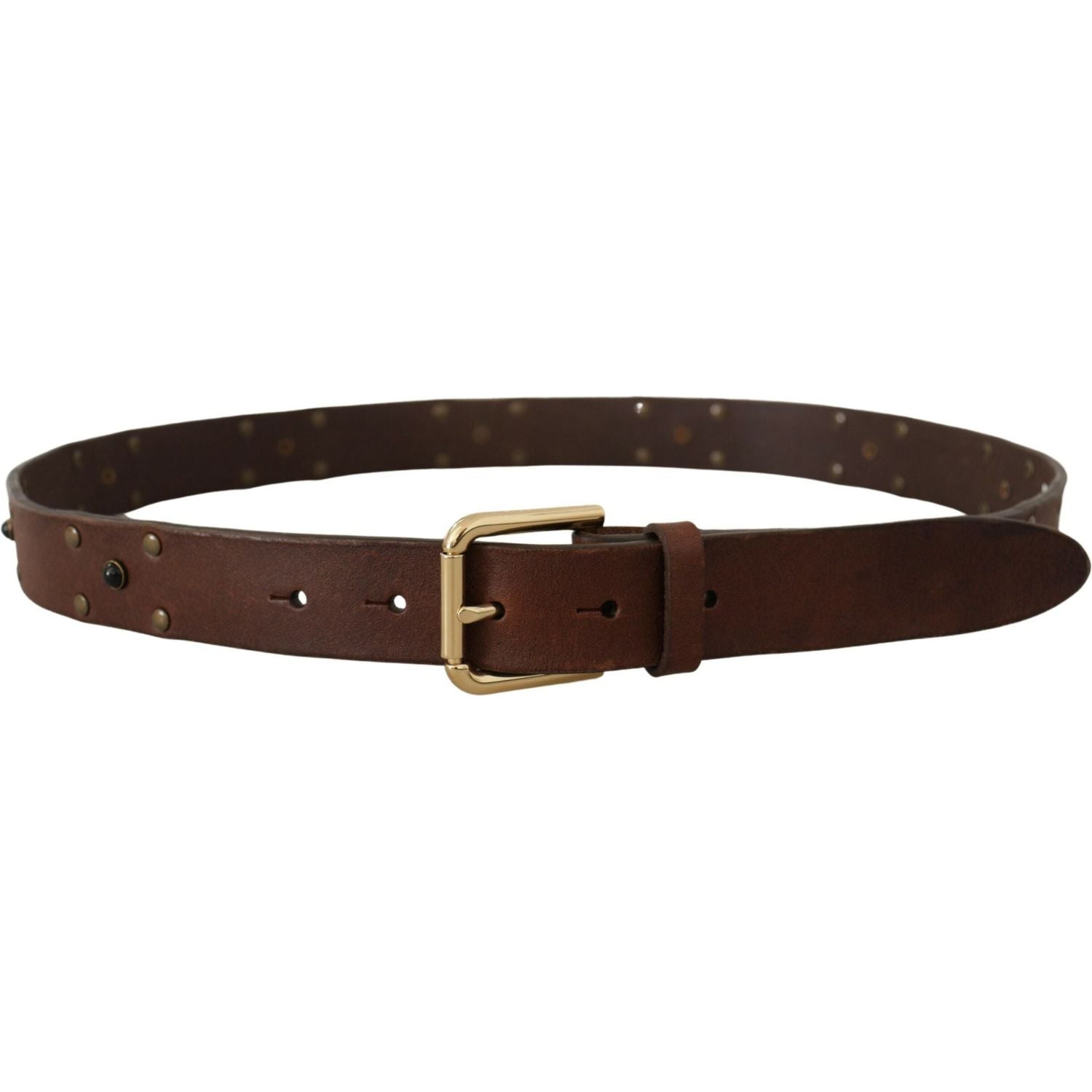 Dolce & Gabbana Brown Leather Studded Gold Tone Metal Buckle Belt
