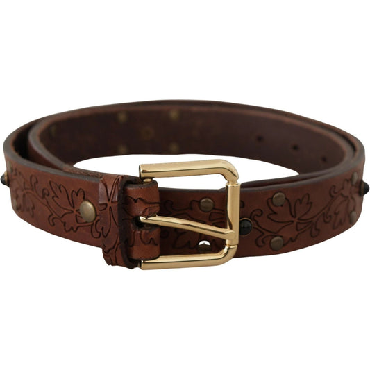 Dolce & Gabbana Brown Leather Floral Studded Metal Buckle Belt BEL8617-85