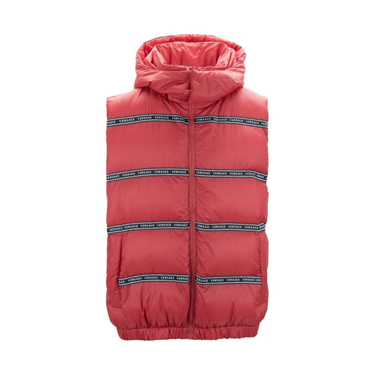 Elegant Red Versace Logo Vest with Detachable Hood 8054712636509