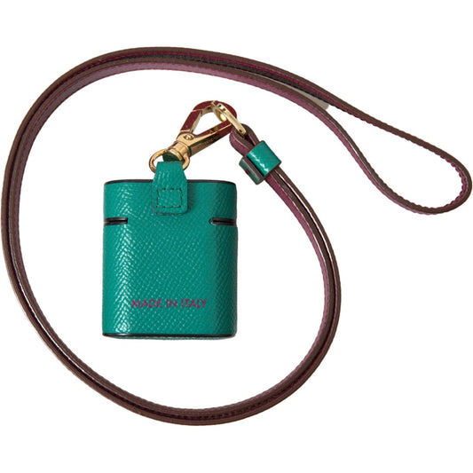 Dolce & Gabbana Green Maroon Calf Leather Logo Print Strap Airpods Case SMY101187