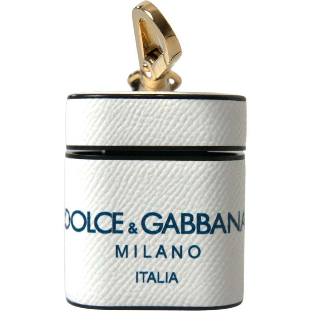 Dolce & Gabbana White Blue Calf Leather Logo Print Strap Airpods Case SMY101190