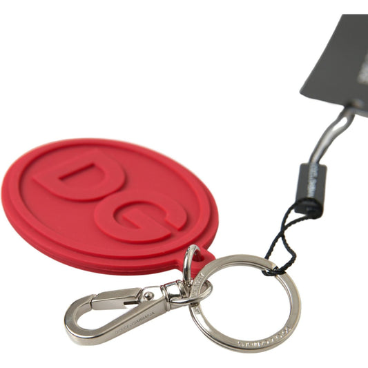 Dolce & Gabbana Red Rubber DG Logo Silver Brass Metal Keyring Keychain SMY101170