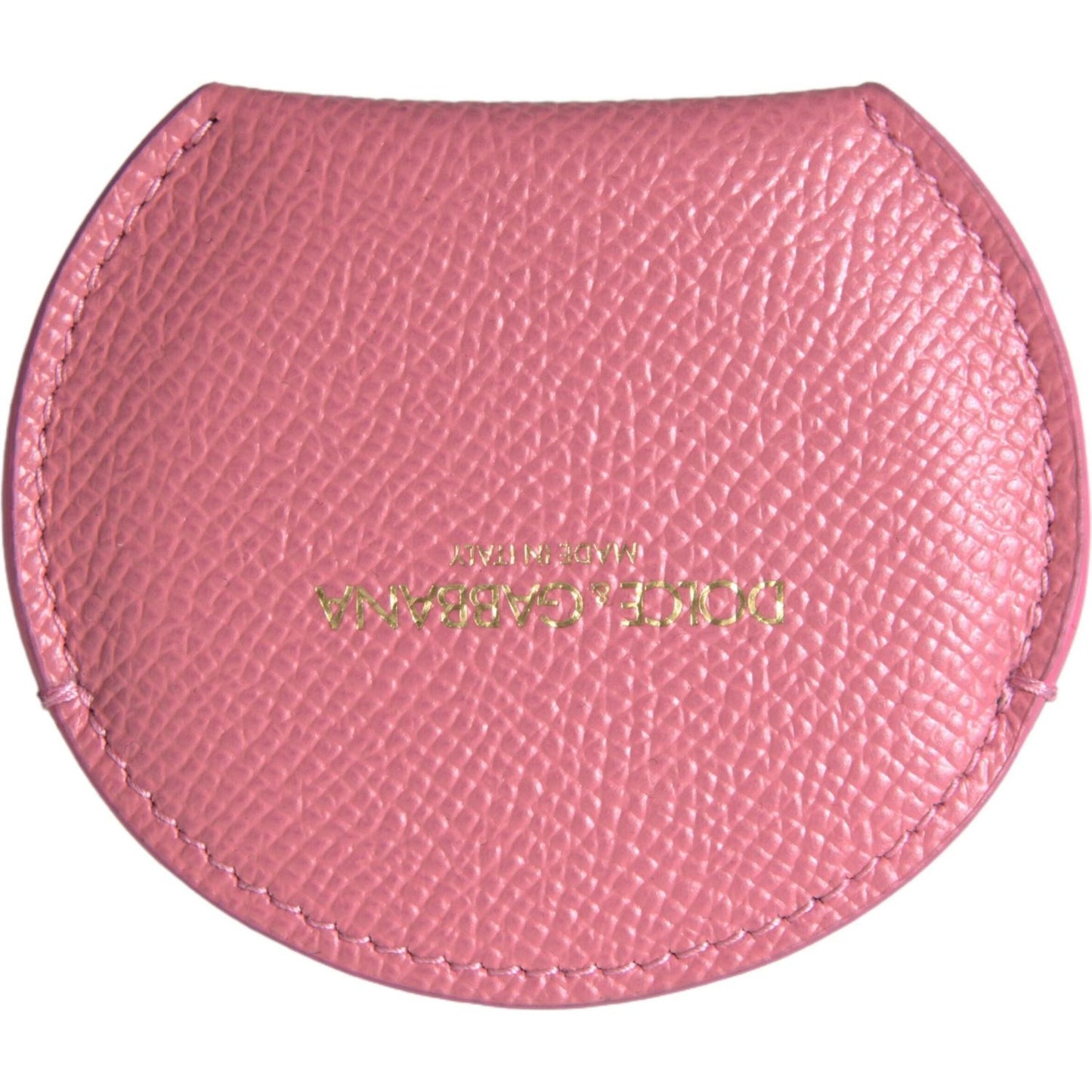 Dolce & Gabbana Pink Calfskin Leather Round Logo Print Hand Mirror Holder