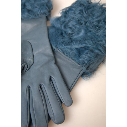 Dolce & Gabbana Blue Leather Fur Mid Arm Length Gloves LB30105- 7.5