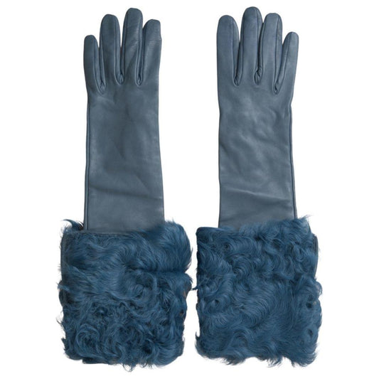 Dolce & Gabbana Blue Leather Fur Mid Arm Length Gloves LB30105- 7.5