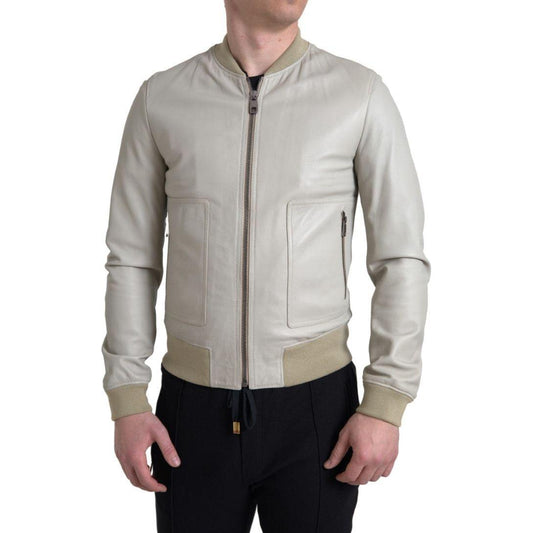 Dolce & Gabbana Cream Leather Bomber Blouson Full Zip Jacket JKT3657-48