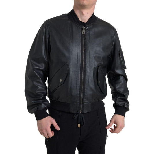 Dolce & Gabbana Black Leather Blouson Full Zip Bomber Jacket JKT3659-44