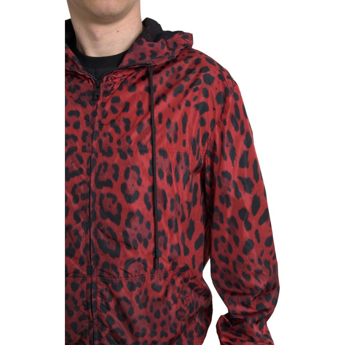 Dolce & Gabbana Red Leopard Hooded Bomber Full Zip Jacket