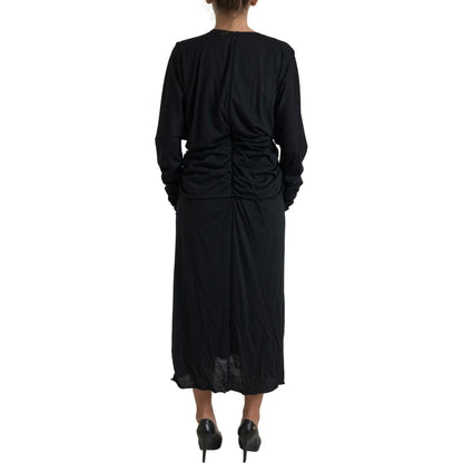 Dolce & Gabbana Black Wool Wrap Sheath Midi Gown Dress