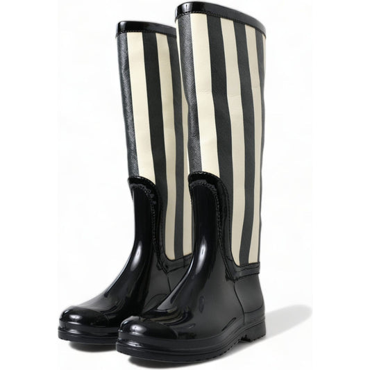 Dolce & Gabbana Black Rubber Knee High Flat Boots Shoes LA10479-35