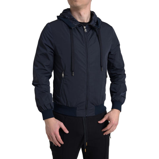 Dolce & Gabbana Blue Hooded Logo Polyester Full Zip Sweater JKT3677-46