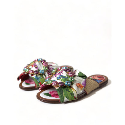 Dolce & Gabbana Multicolor Floral Flats Crystal Sandals Shoes