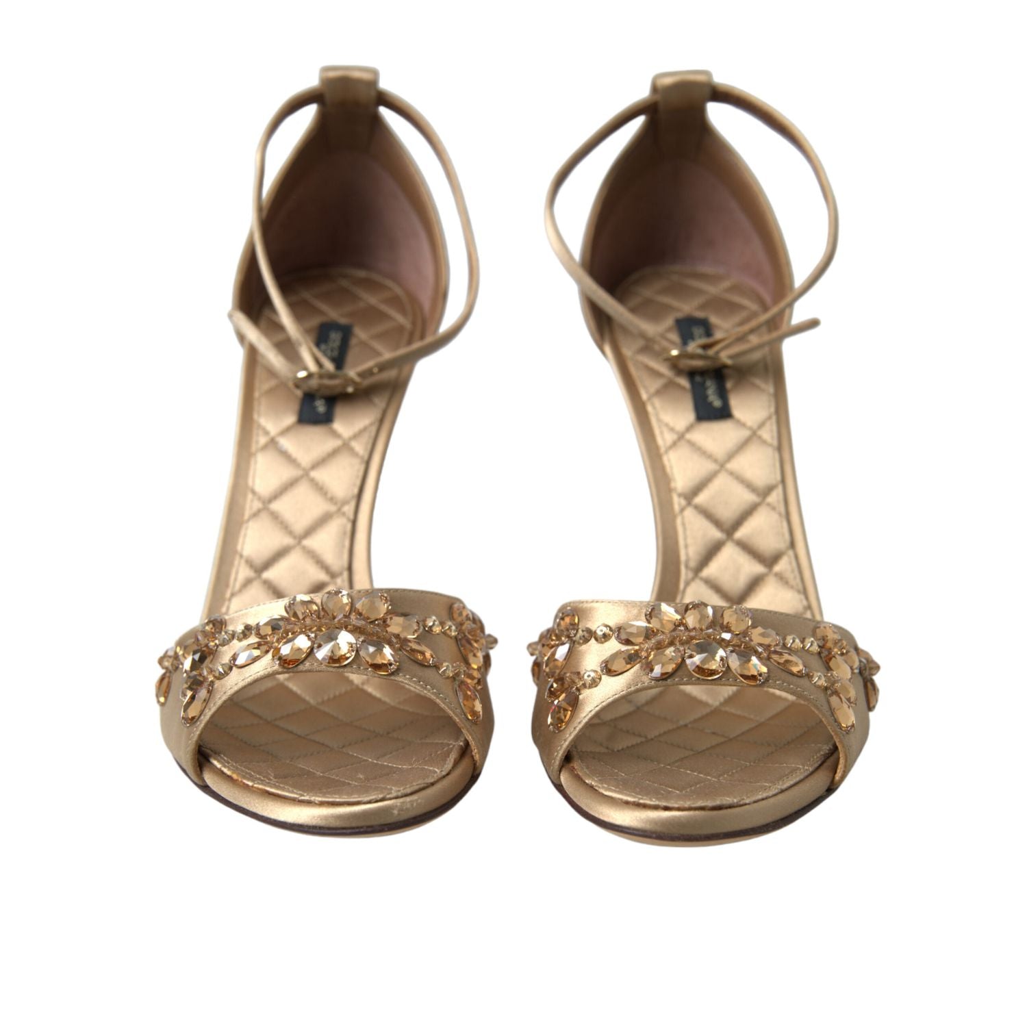 Dolce & Gabbana Gold Satin Ankle Strap Crystal Sandals Shoes