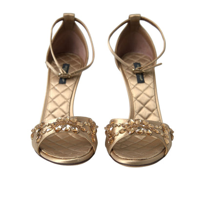 Dolce & Gabbana Gold Satin Ankle Strap Crystal Sandals Shoes