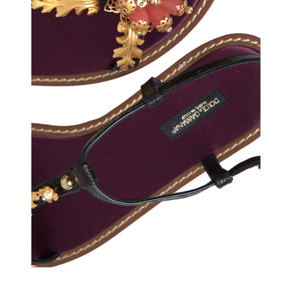 Dolce & Gabbana Black Crystal Gold Sandals Leather Shoes