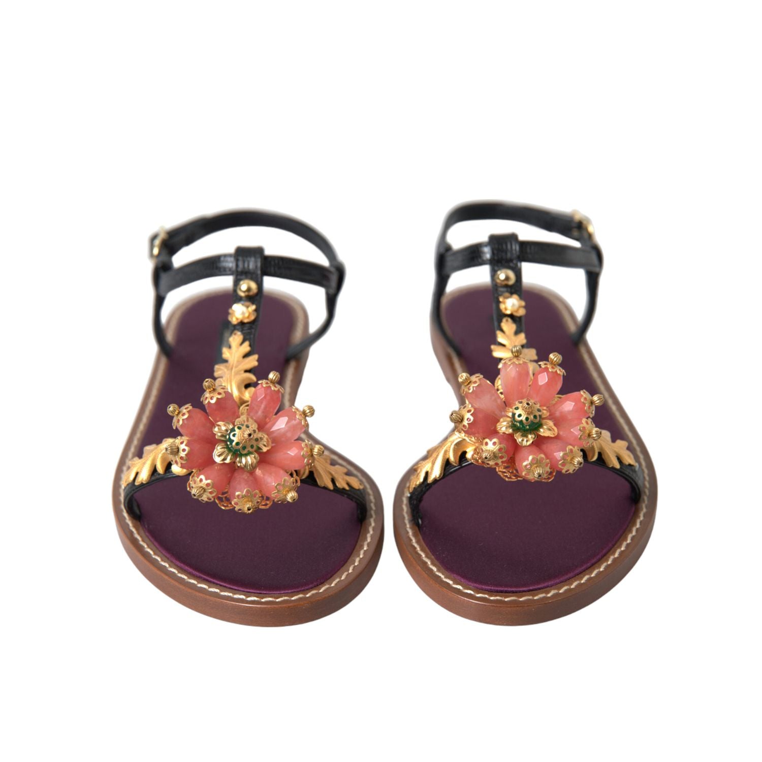 Dolce & Gabbana Black Crystal Gold Sandals Leather Shoes