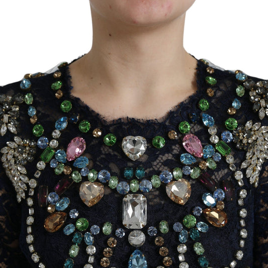 Dolce & Gabbana Blue Crystal Floral Lace Long Gown Dress DR1665-38
