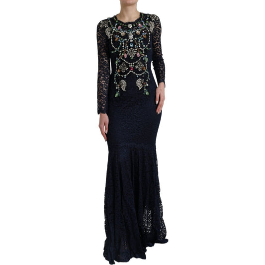 Dolce & Gabbana Blue Crystal Floral Lace Long Gown Dress DR1665-38