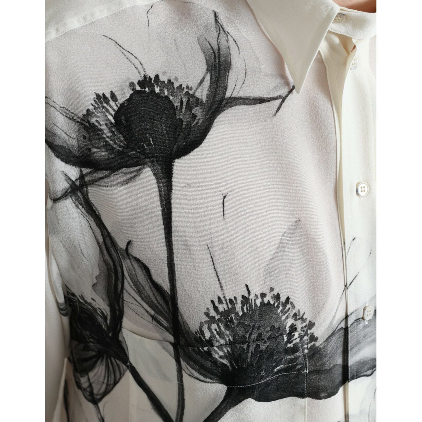 Dolce & Gabbana White Floral Collared Dress Silk Shirt TSH84739-40