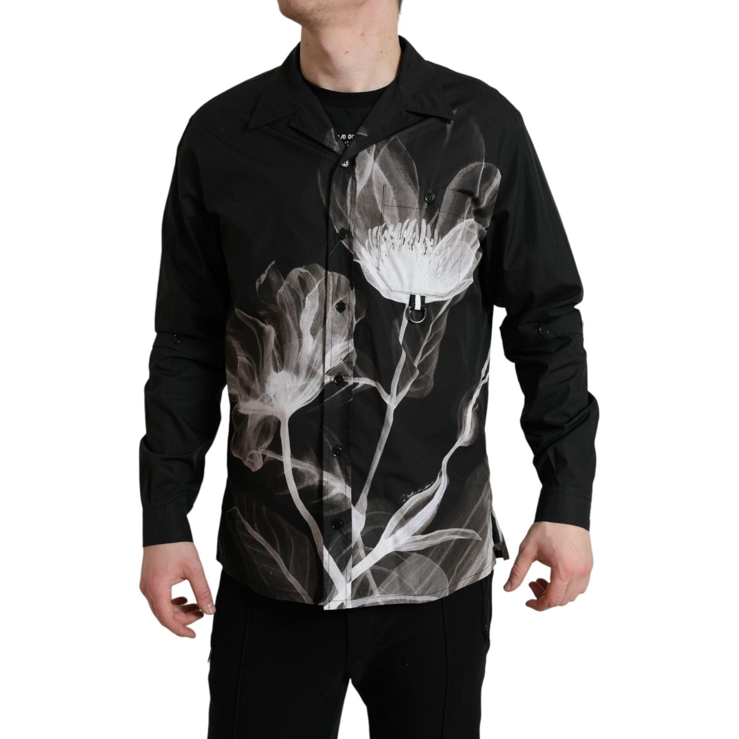 Dolce & Gabbana Black Floral Cotton Collared Long Sleeves Men Shirt