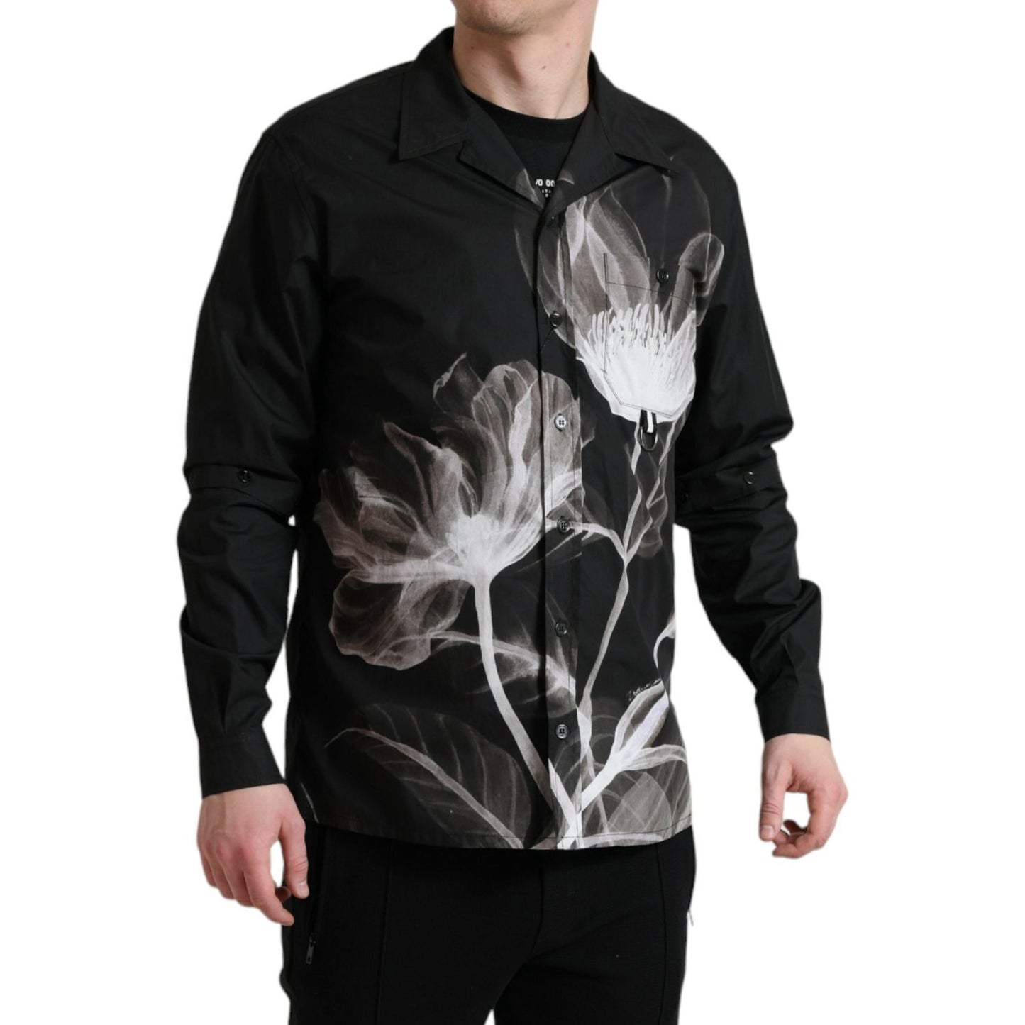 Dolce & Gabbana Black Floral Cotton Collared Long Sleeves Men Shirt
