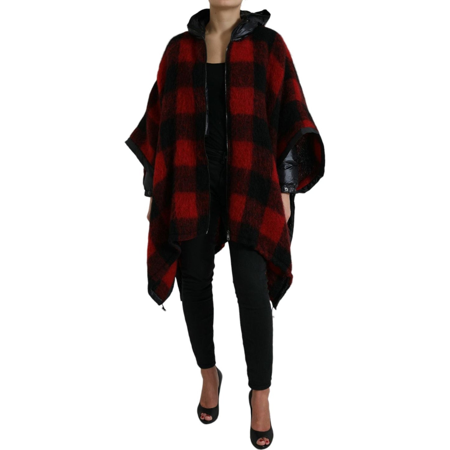 Dolce & Gabbana Black Red Buffalo Check Hooded Poncho Jacket