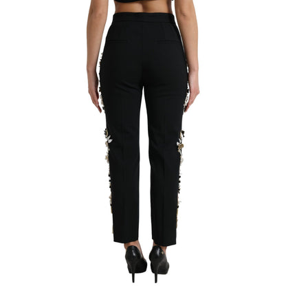 Dolce & Gabbana Black Floral Applique High Waist Tapered Pants