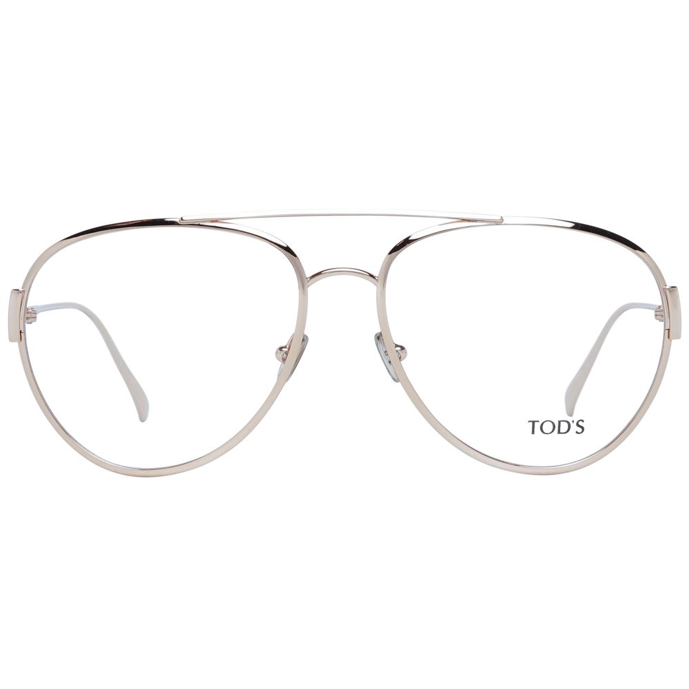 Tod's Gold Women Glasses Frame, full-rim aviator style, gold metal frame, demo lenses, size 56-16-140, includes branded case.