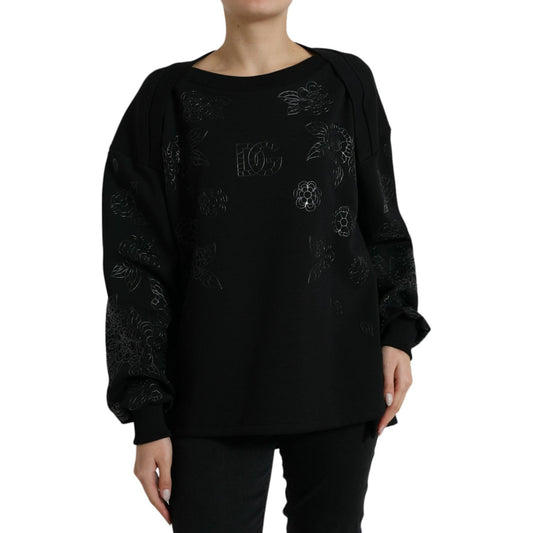 Dolce & Gabbana Black Pullover Floral Logo Applique Sweater TSH84221-40