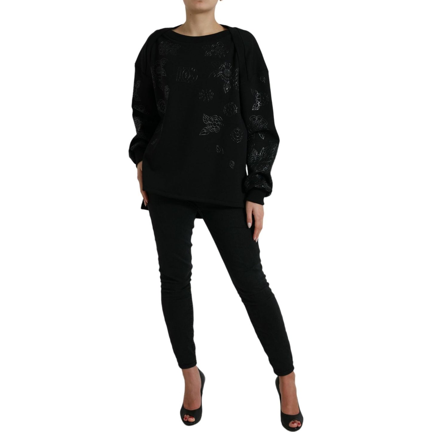 Dolce & Gabbana Black Pullover Floral Logo Applique Sweater TSH84221-40